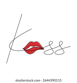 Hand written text Kiss with red woman lips vector. One line continuous drawing. Beauty fashion icon, lettering, slogan, writing, quote, banner, card, poster, sign, cartoon illustration, love print.