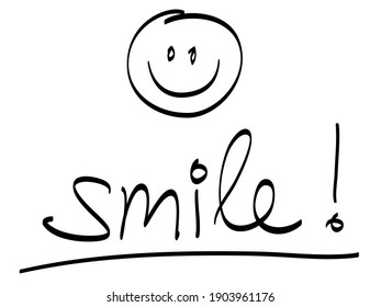 Texto escrito a mano "¡sonrisa!" con emoticono sonriente - negro, vector