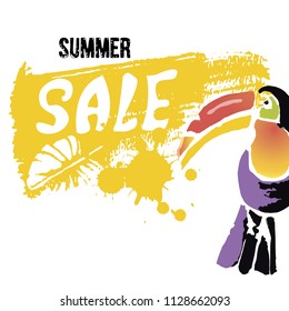 Hand written text Summer  sale, discount banners.Tropical Toucan bird with grunge elements and ink drops. Wild exotic animal. Vector illustration.