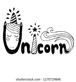 Hand written text - unicorn - with unicorn head isolated on white