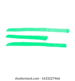 Hand written three absract green stripes from marker or highlighter, pen or brush, isolated vector illustration on white background.