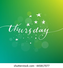 Hand written thursday phrase with hand drawn stars on colorful background