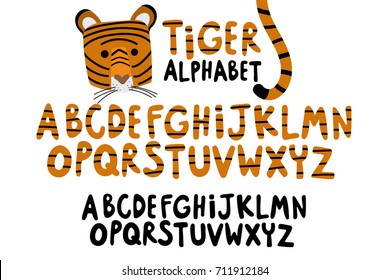 Hand Written With Tiger Stripe, Cute Face And Tail Of Tiger Vector