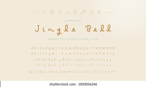 Hand written typography typeface script font and uppercase, lowercase,numeric alphabets. Regular and light weights and bonus christmas icons.