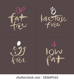 Hand Written Unhealthy Or Allergenic Food Vector Label Set. Fat Free, Lactose Free, Low Fat. Eps And Hi-res Jpg Included.