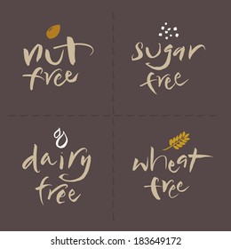 Hand written unhealthy or allergenic food vector label set. Nut free, Sugar free, Dairy free, Wheat free. Eps and hi-res jpg included.