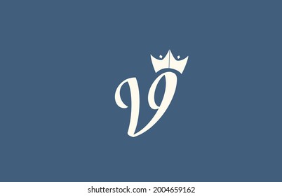 hand written V alphabet letter logo icon. Business typography with royal style king crown in blue yellow color