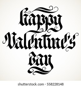 Hand written Valentine's day greeting. Happy Valentine's day in black isolated over white.