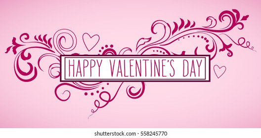 Hand written Valentine's day greetings in a pink ornate floral frame. Vector romantic holiday lettering.