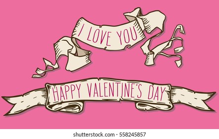 Hand written Valentine's day greetings in a ribbon banners frame over pink background. Vector romantic holiday lettering set.