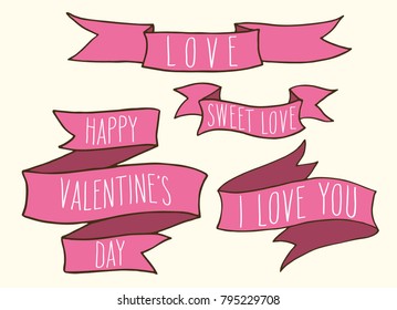 Hand written Valentine's day greetings in a pink ribbon banner frames. Vector romantic holiday lettering set.