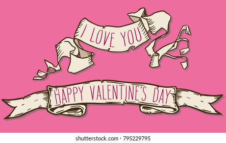 Hand written Valentine's day greetings in a ribbon banners frame over pink background. Vector romantic holiday lettering set.