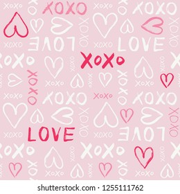 Hand Written Valentine's Day Typography vector seamless pattern. Hand Drawn Doodle Hearts and Words Love. XOXO. Graffity