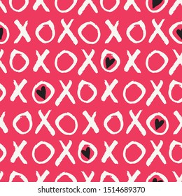 Hand Written Valentine's Day Typography vector seamless pattern. Hand Drawn Doodle Hearts and Word XOXO. Cute Graffity. White Letters on Pink Background. Girly Feminine Print