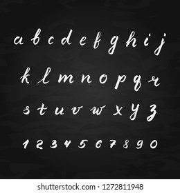Hand written vector alphabet. Letters A-Z and numbers 0-9 on chalkboard background. Calligraphy  font. Latin lowercase handwriting symbols. Education poster. Easy to edit template for your artworks.