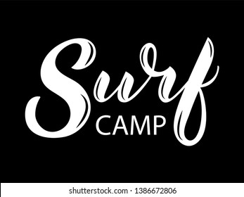 Hand written vector black and white Surf camp text. Cool simple surf lettering. Typography hand lettering calligraphy surf sign. Vector lettering design word art surfing. Surf calligraphic sign