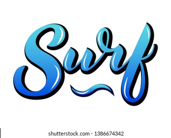 Hand written vector blue gradient Surf text. Cool simple surf lettering. Typography hand lettering calligraphy surf sign. Vector lettering design word art surfing. Surf calligraphic sign