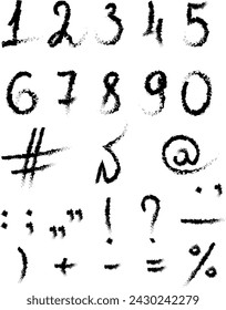 Hand written vector charcoal numbers 0, 1, 2, 3, 4, 5, 6, 7, 8, 9 and most important mathematical signs and symbols on white as background. Real charcoal texture. Illustrator 10 EPS