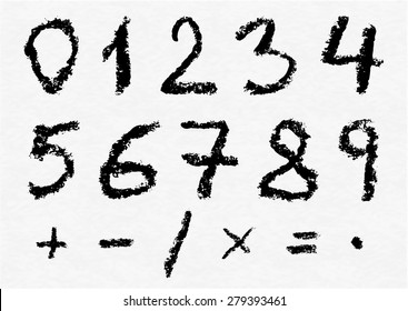 Hand written vector charcoal numbers 0, 1, 2, 3, 4, 5, 6, 7, 8, 9 and most important mathematical signs and symbols on white watercolor paper as background. Real charcoal texture.