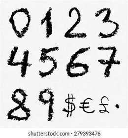 Hand written vector charcoal numbers 0, 1, 2, 3, 4, 5, 6, 7, 8, 9 and currency signs: dollar, euro and pound sterling on white watercolor paper as background. Real charcoal texture.