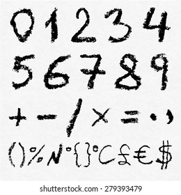 Hand written vector charcoal numbers 0, 1, 2, 3, 4, 5, 6, 7, 8, 9 mathematical signs and most important symbols on white watercolor paper as background. Real charcoal texture.