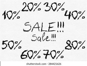 Hand written vector charcoal numbers 10, 20, 30, 40, 50, 60, 70, 80 with percent sign for sale sticker or label on white watercolor paper as background. Real charcoal texture.