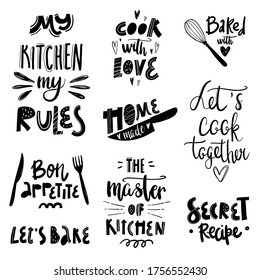 Hand written vector cooking lettering set on white background. Vector cooking lettering set with kitchenware silhouette. Design concept for cooking classes, courses, food studio, cafe, restaurant.