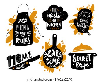 Hand written vector cooking lettering set on white background. Vector cooking lettering set with kitchenware silhouette. Design concept for cooking classes, courses, food studio, cafe, restaurant.