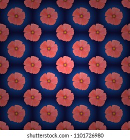 Hand written vector cosmos flowers, stamps, keys. Vintage seamless pattern in blue, violet and pink colors.