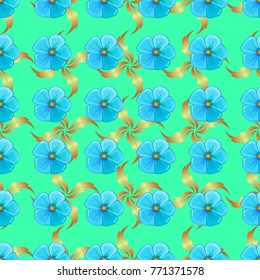 Hand written vector cosmos flowers, stamps, keys. Vintage seamless pattern in neutral, green and blue colors.