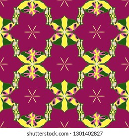 Hand written vector flowers, stamps, keys. Vintage seamless pattern in green, yellow and purple colors.