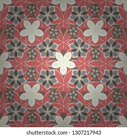 Hand written vector flowers, stamps, keys. Vintage seamless pattern in pink, beige and gray colors.