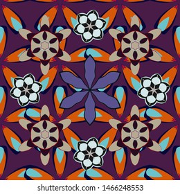 Hand written vector flowers, stamps, keys. Vintage seamless pattern in gray, violet and orange colors.