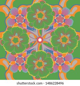 Hand written vector flowers, stamps, keys. Vintage seamless pattern in violet, green and orange colors.