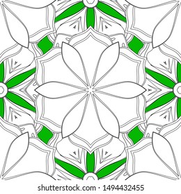 Hand written vector flowers, stamps, keys. Vintage seamless pattern in green, black and white colors.