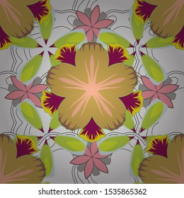 Hand written vector flowers, stamps, keys. Vintage seamless pattern in green, white and yellow colors.