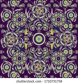 Hand written vector flowers, stamps, keys. Vintage seamless pattern in blue, brown and violet colors.