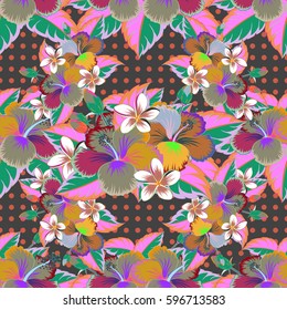 Hand written vector flowers, stamps, keys. Vintage seamless pattern on a gray background.