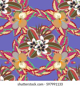 Hand written vector flowers, stamps, keys. Vintage seamless pattern on a violet background.