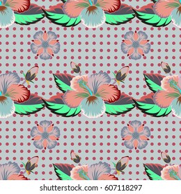 Hand written vector flowers, stamps, keys. Vintage seamless pattern in pink and gray colors.