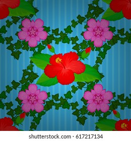 Hand written vector flowers, stamps, keys. Vintage seamless pattern on a blue background.
