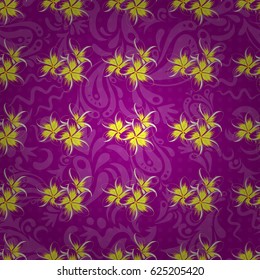 Hand written vector flowers, stamps, keys. Vintage seamless pattern on a purple background.