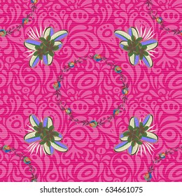 Hand written vector flowers, stamps, keys. Vintage seamless pattern in blue and green colors.