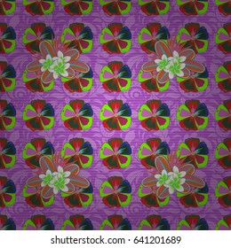Hand written vector flowers, stamps, keys. Vintage seamless pattern in green, blue and pink colors.