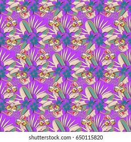 Hand written vector flowers, stamps, keys. Vintage seamless pattern in orange and blue colors.