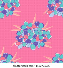 Hand written vector forget-me-not flowers, stamps, keys. Vintage seamless pattern in violet, blue and pink colors.