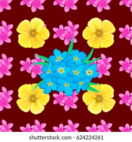 Hand written vector forget-me-not flowers, stamps, keys. Vintage seamless pattern on a red background.