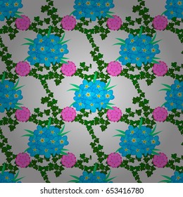 Hand written vector forget-me-not flowers, stamps, keys. Vintage seamless pattern on a gray background.