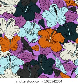 Hand written vector hibiscus flowers, stamps, keys. Vintage seamless pattern in blue and beige colors.