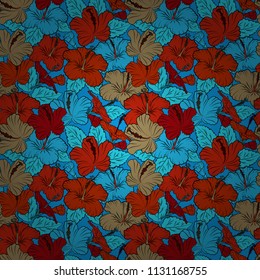 Hand written vector hibiscus flowers, stamps, keys. Vintage seamless pattern in red, beige and blue colors.